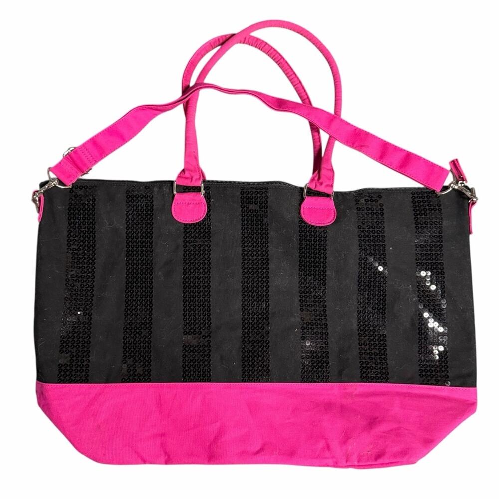 Victoria's Secret Weekender Tote Bag Black and Pink Sequins - Picture 4 of 6